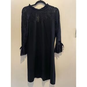 Black Knee length Goth Morticia Adams lace accent flared sleeve dress NWT sz 14